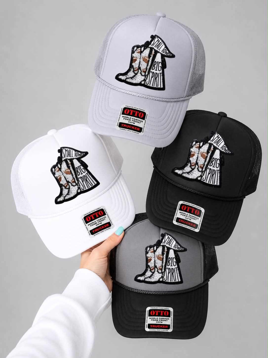 Small Town Big Spirit Football Sequin Patch Otto Trucker Hat