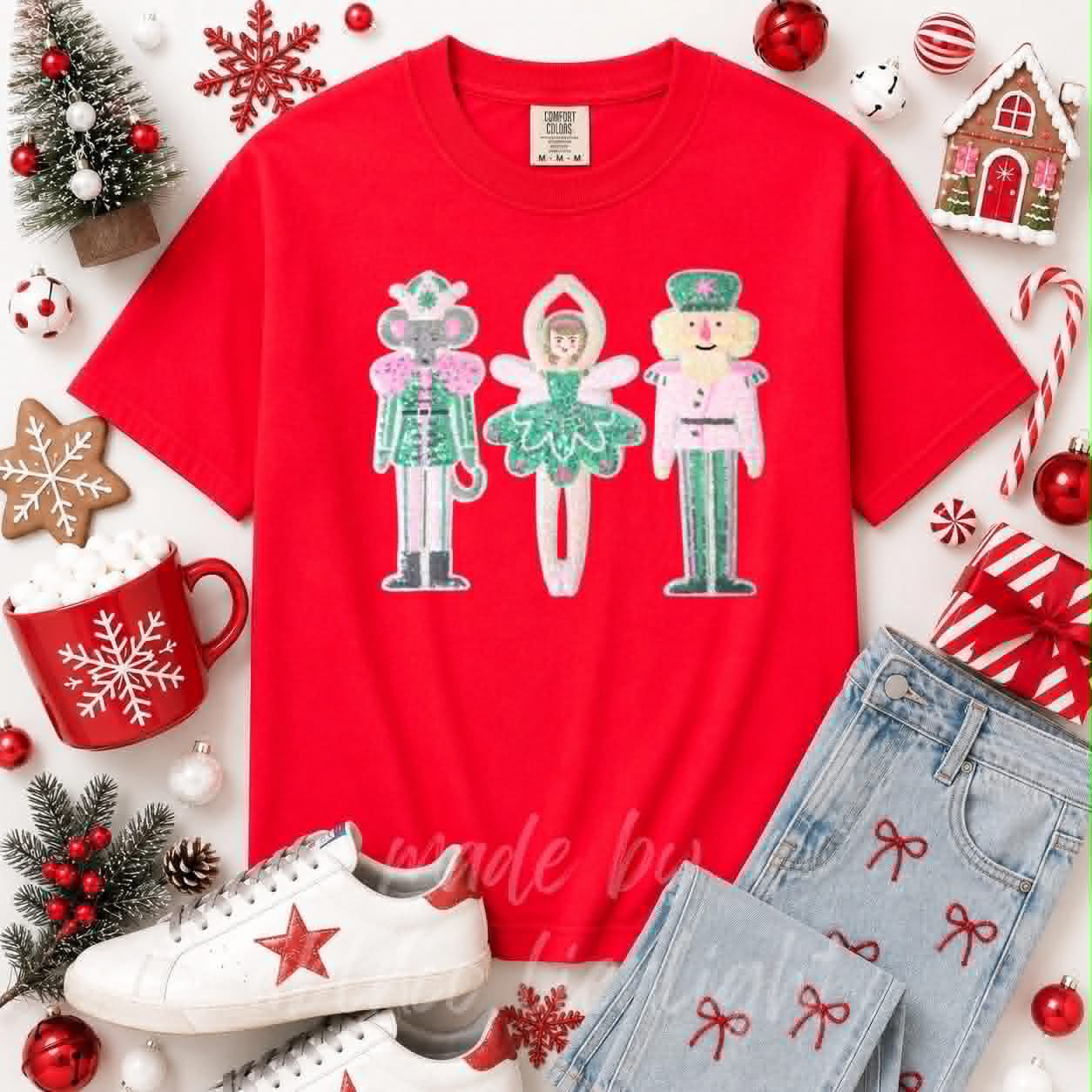 Nutcracker Ballerina Trio Christmas Sequin Patch Tshirt