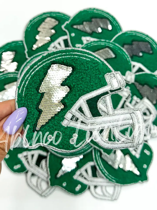 Green Football Helmet Chenille Sequin Embroidery Patch