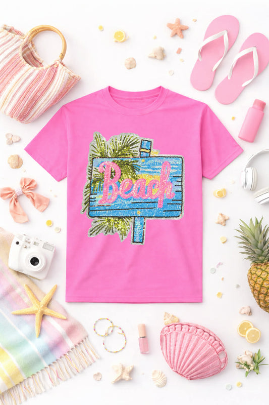 Beach Sign Summer Sequin Patch Tshirt