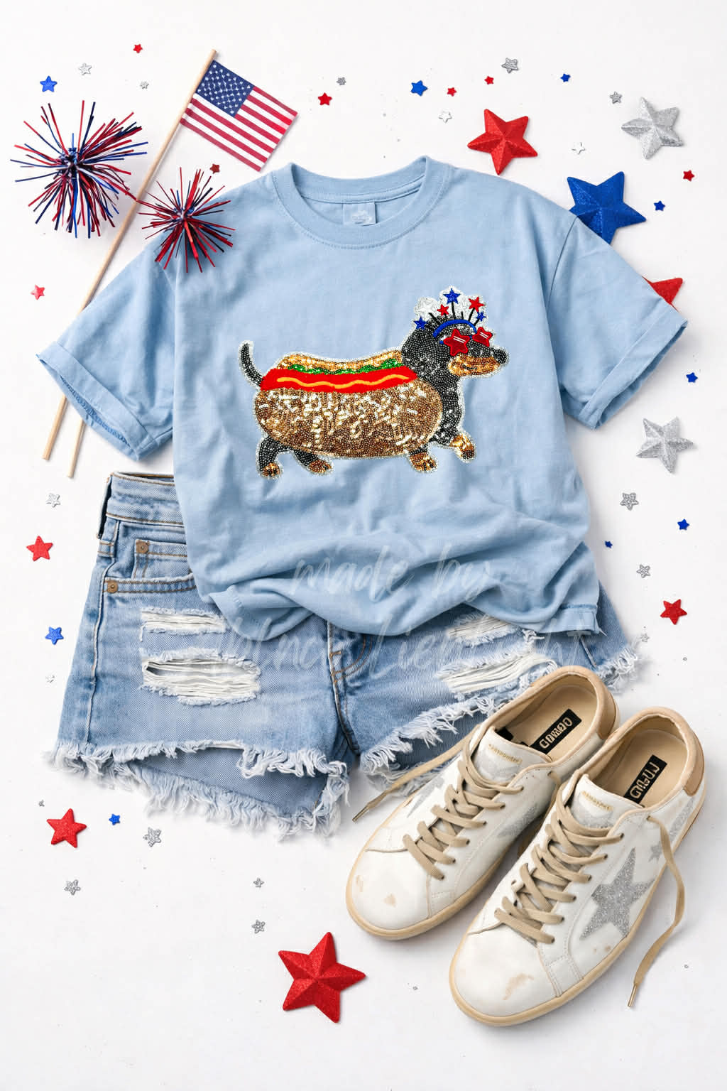 4th of July Dog Hot Dog Sequin Patch Tshirt