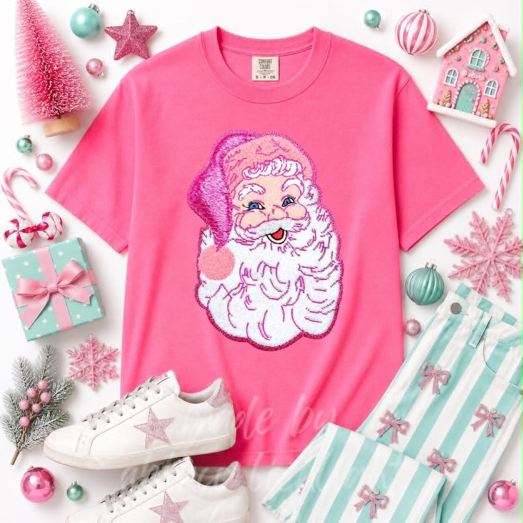 Pink Santa Christmas Sequin Patch Tshirt