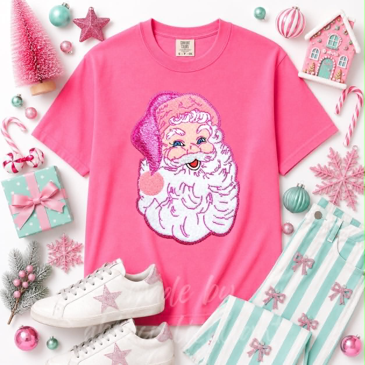 Pink Santa Christmas Sequin Patch Tshirt