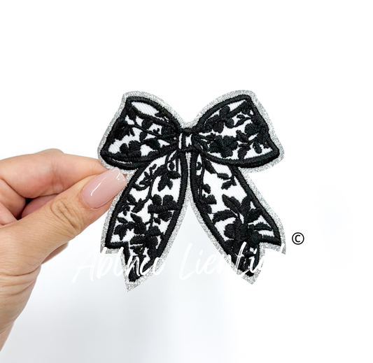 Black Floral Bow Glitter Embroidery Patch