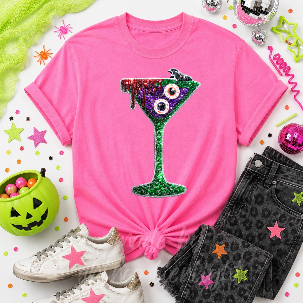 Bloody Eyeballs Martini Halloween Sequin Patch Tshirt