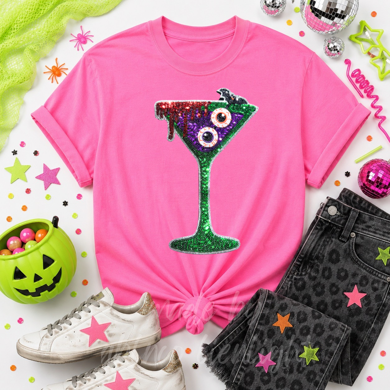 Bloody Eyeballs Martini Halloween Sequin Patch Tshirt