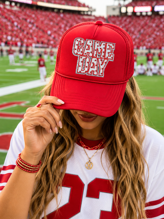 Red Polka Dots Game Day Sequin Patch Otto Trucker Hat