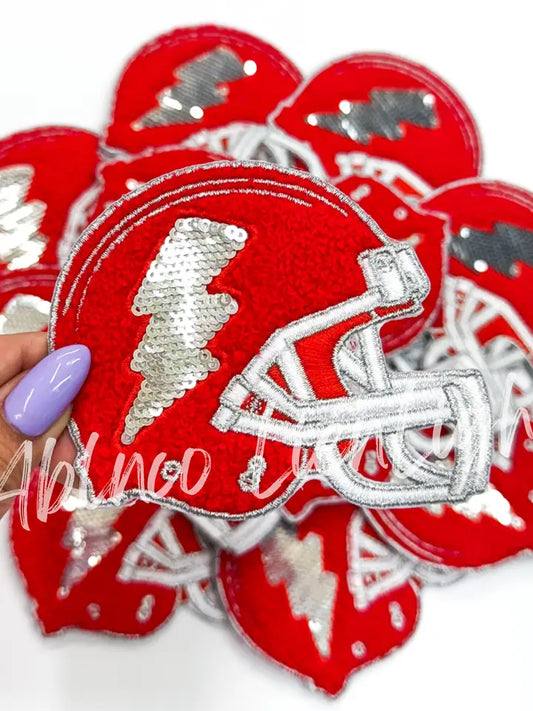 Red Football Helmet Chenille Sequin Embroidery Patch