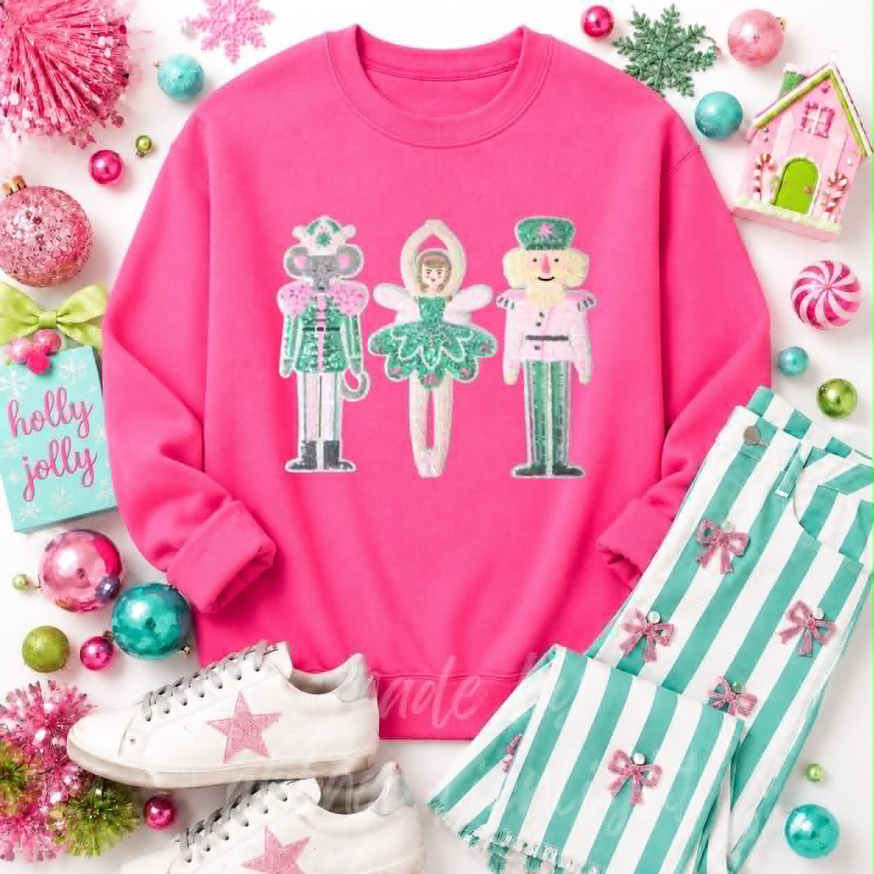 Nutcracker Ballerina Trio Christmas Sequin Patch Sweatshirt