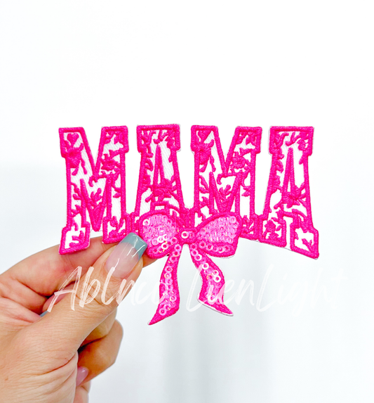 Pink Floral Mama Sequins Bow Embroidery Patch