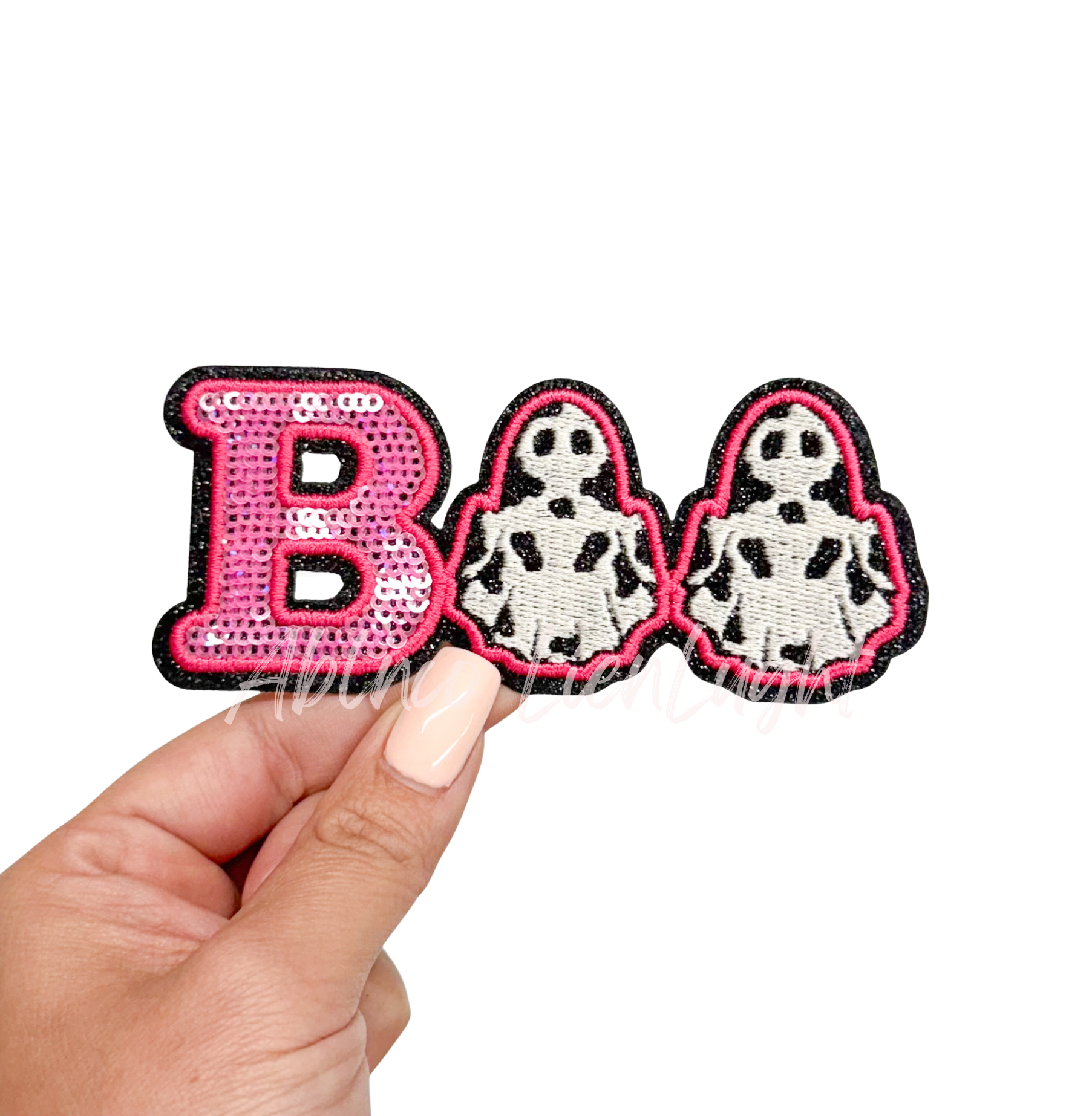 Pink Cow Ghost Boo Halloween Sequin Patch
