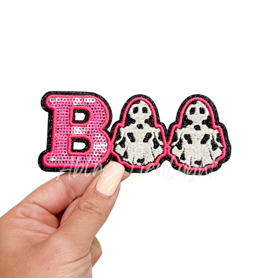 Pink Cow Ghost Boo Halloween Sequin Patch