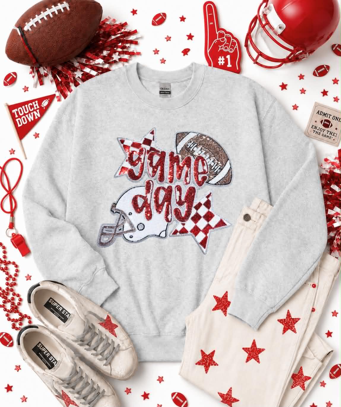 Red Game Day Checkered Football Sequin Patch Sweatshirt