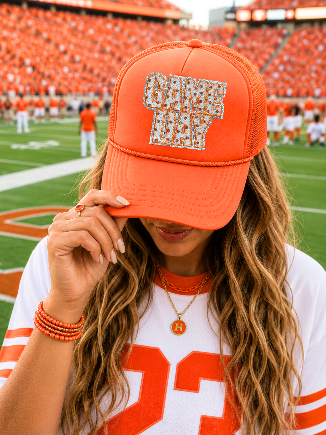 Orange Polka Dots Game Day Sequin Patch Otto Trucker Hat