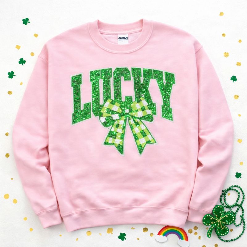 Lucky Green Checkered Bow St Patricks Day Sequin Patch Sweatshirt