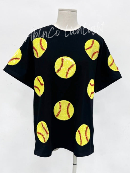 Softball Beadtubes Sequins Black Tshirt