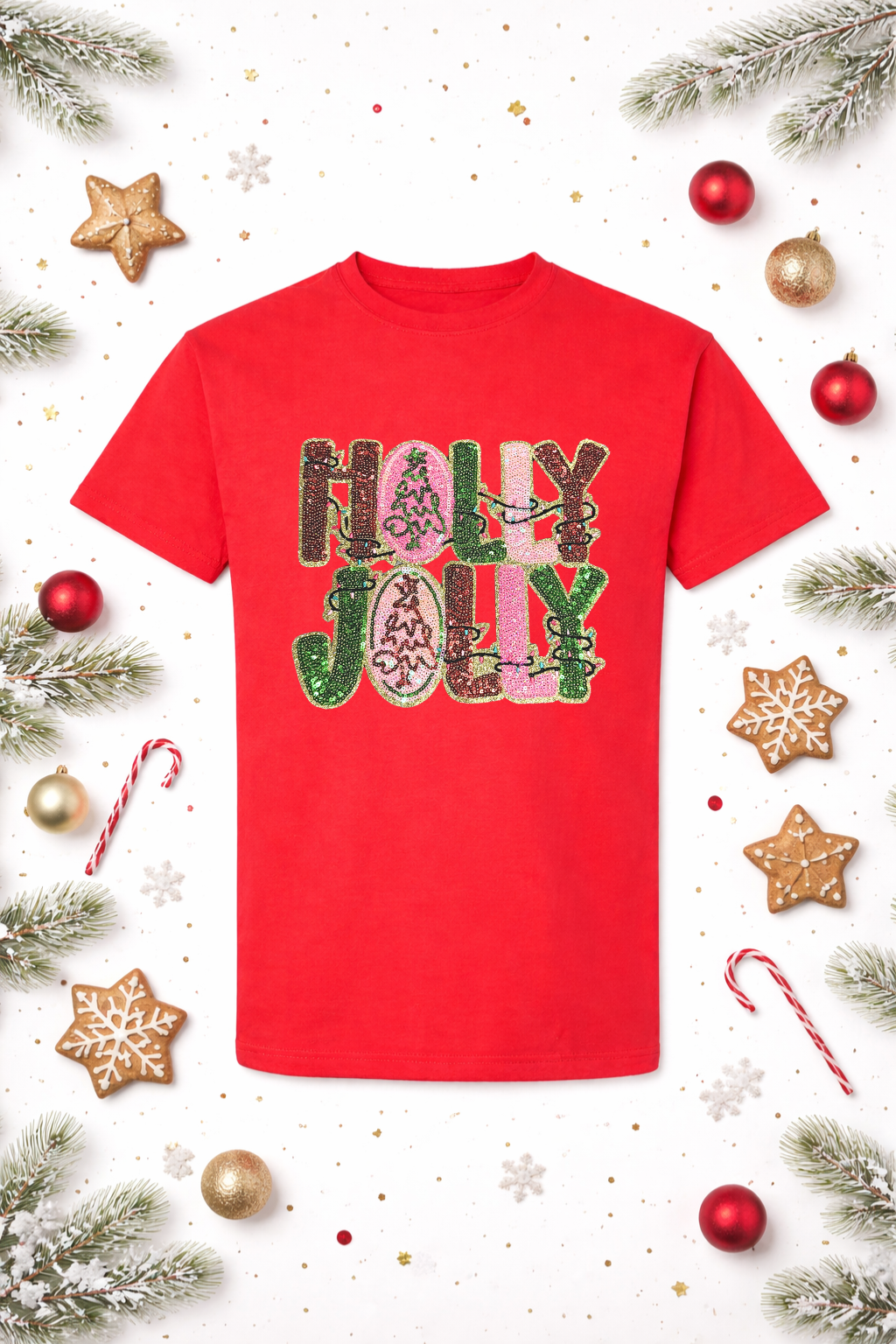 Holly Jolly Lights Sequins Christmas Patch Tshirt