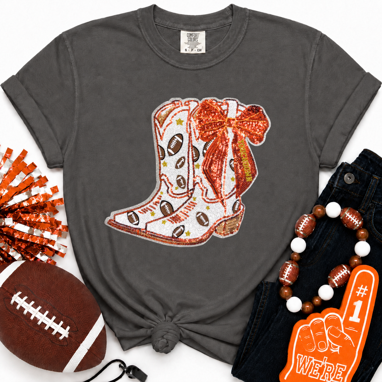Football Touchdown Orange Bow Boot Sequin Tshirt