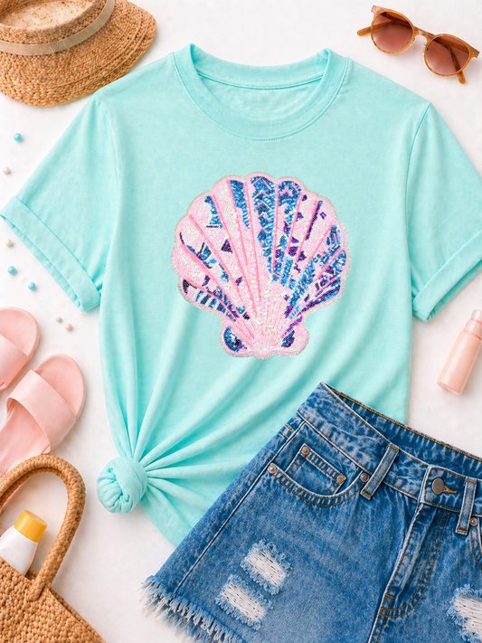 Pink and Blue Seashell Summer Sequin Patch Tshirt