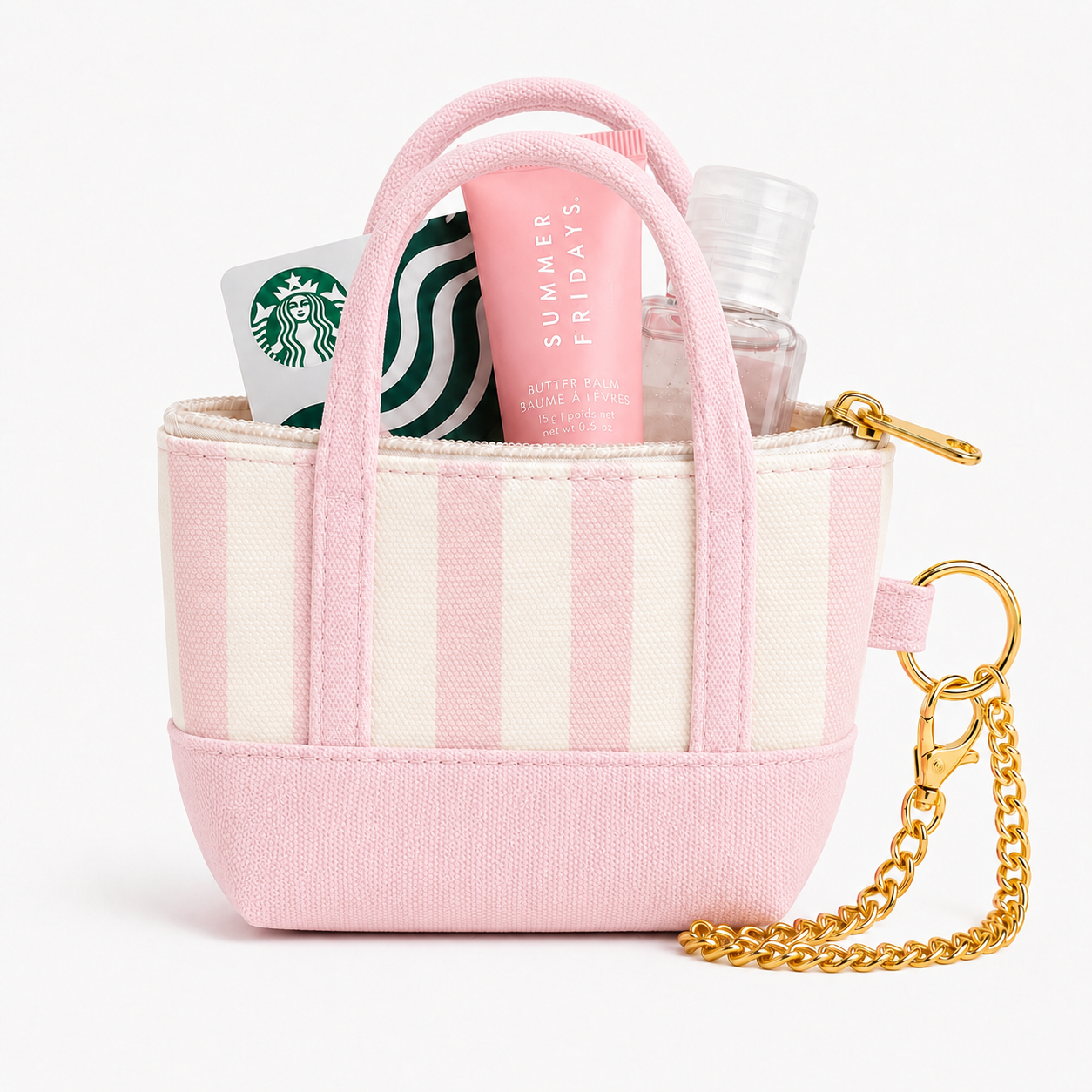Pink Striped Mini Tote Bag Keychain | Zippered Purse Charm & Pouch