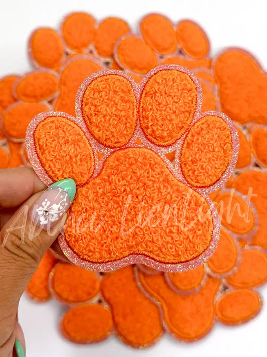 Orange Chenille Paw Embroidery Patch