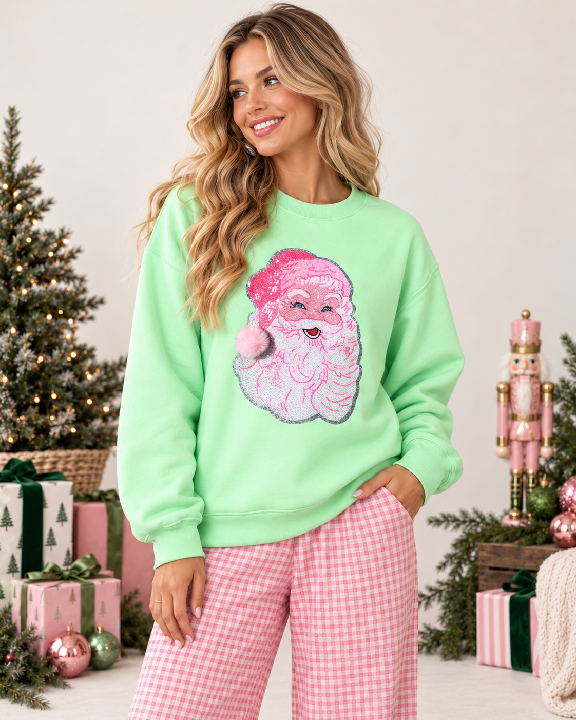 Pink Santa Fuzzy Poof Ball Christmas Sequin Patch Sweatshirt