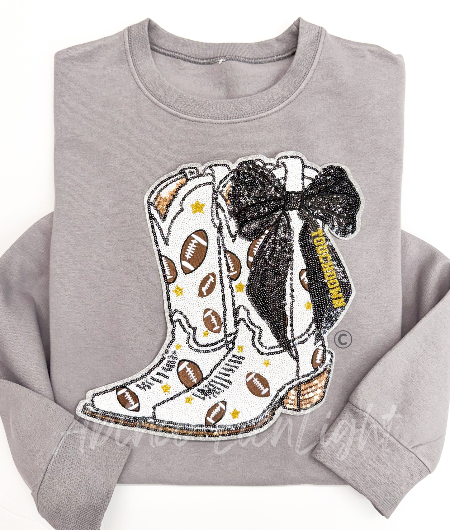 Football Touchdown Star Black Bow Boots Sequin Patch - Large