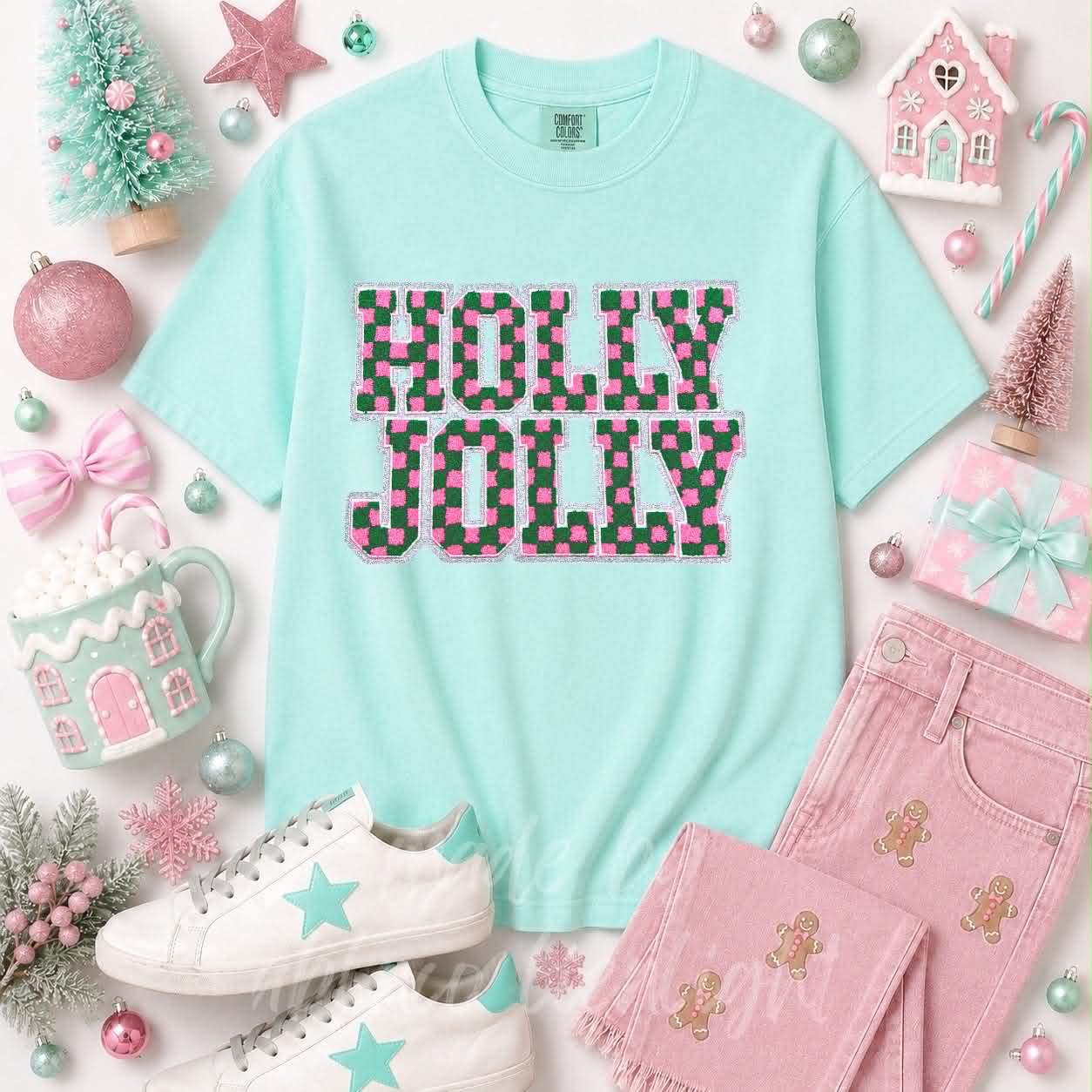 Checkered Holly Jolly Christmas Sequin Patch Tshirt