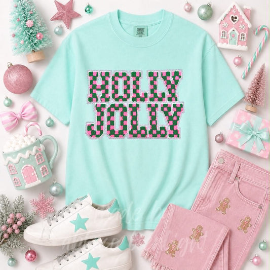 Checkered Holly Jolly Christmas Sequin Patch Tshirt