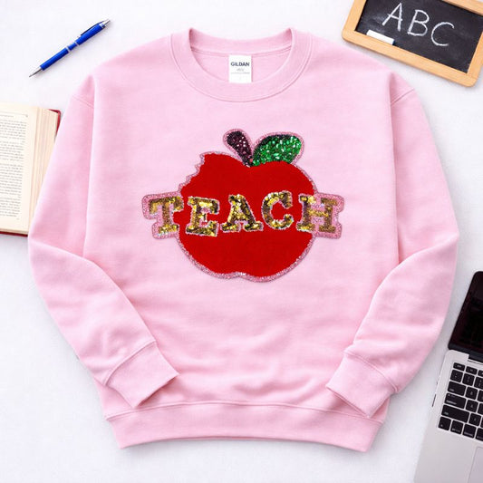 Chenille Teach Apple Teacher Sequin Patch Sweatshirt