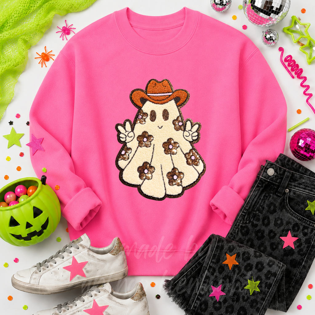 Floral Ghost Halloween Sequin Patch Sweatshirt
