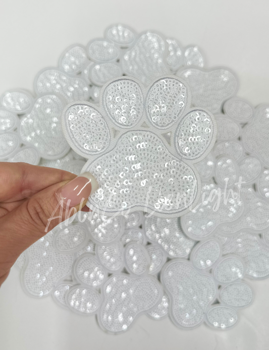 White Paw Print Sequins Embroidery Patch