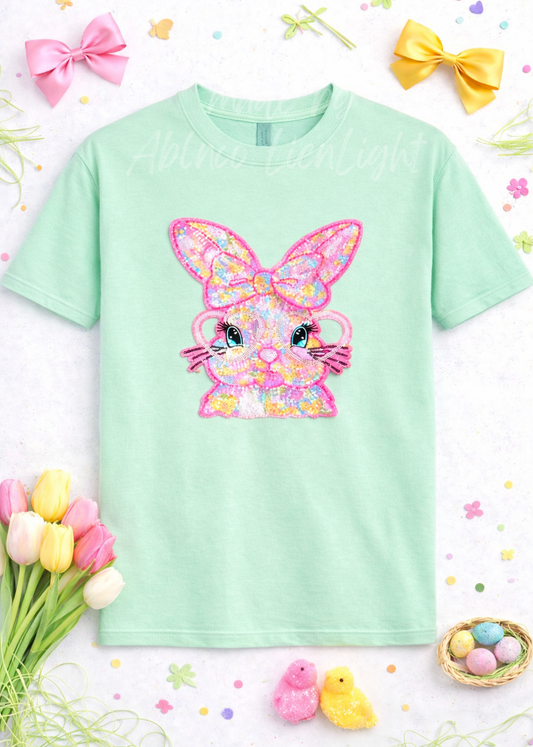 Pink Glasses Ombre Bunny Easter Sequin Patch Tshirt