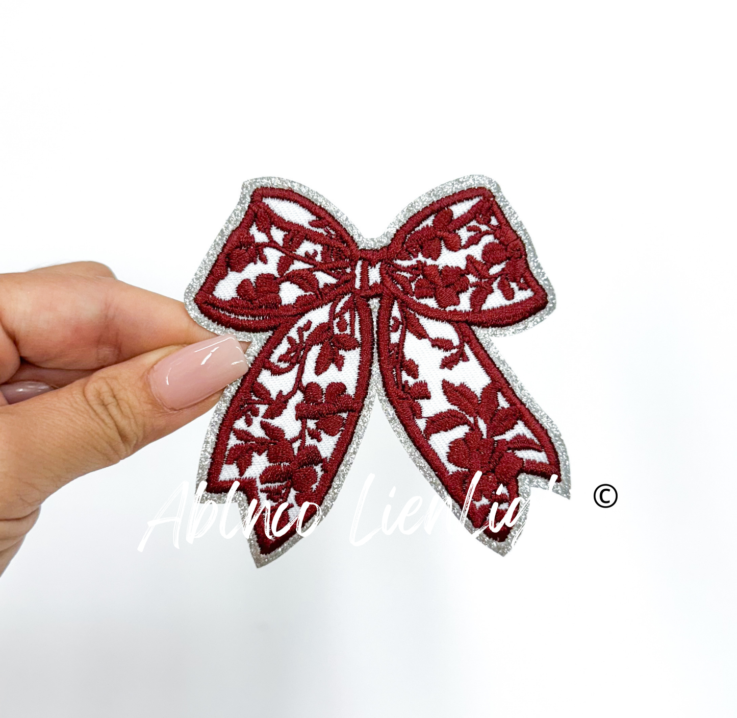 Maroon Floral Bow Glitter Embroidery Patch