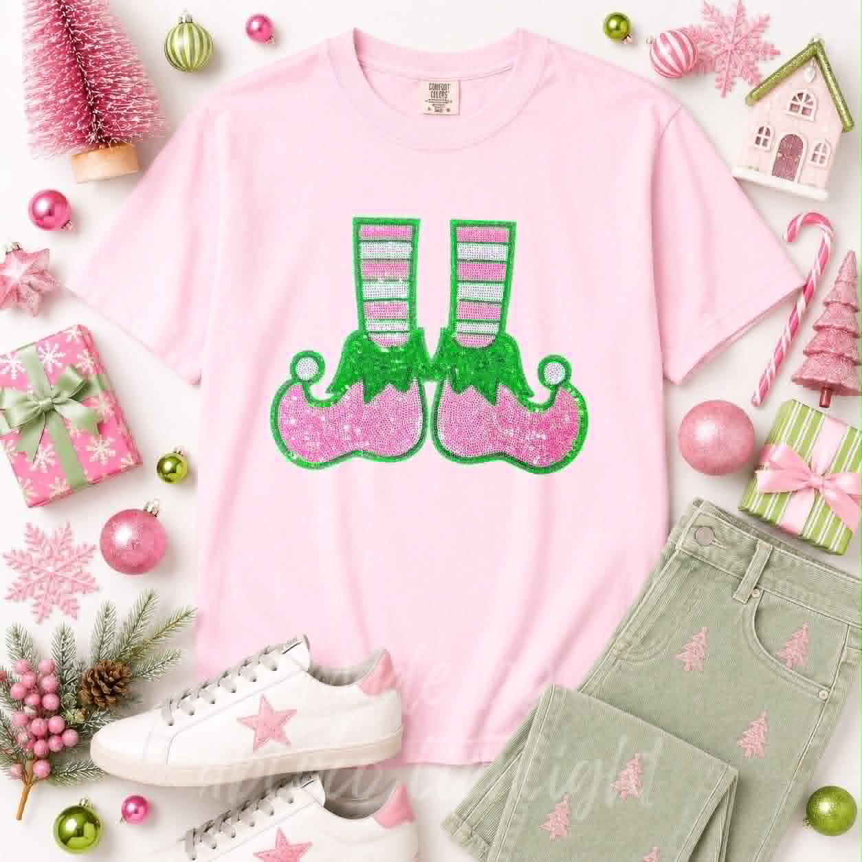 Elf Shoes Christmas Sequin Patch Tshirt