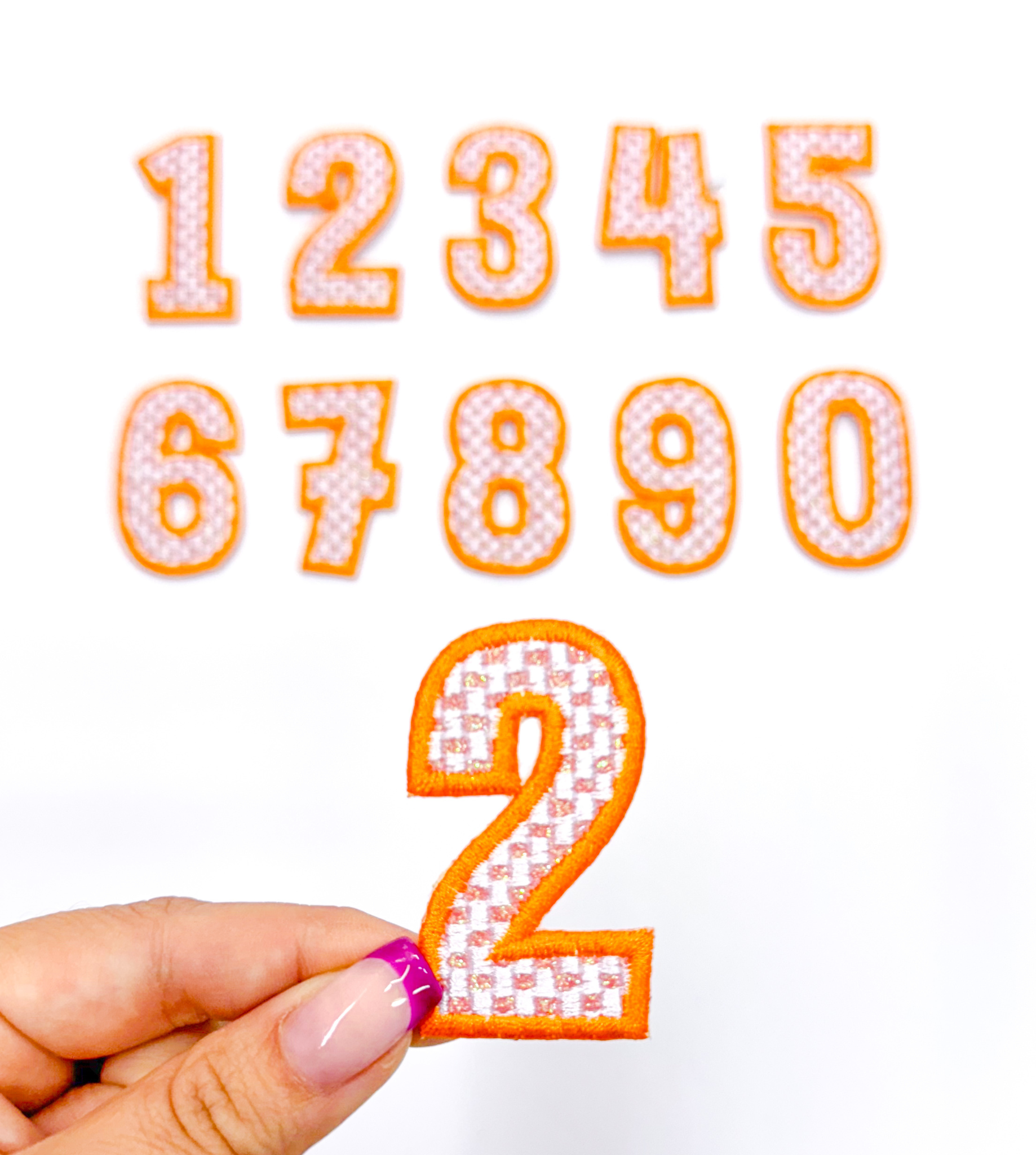 2” Orange Checkered Numbers Glitter Embroidery Patch