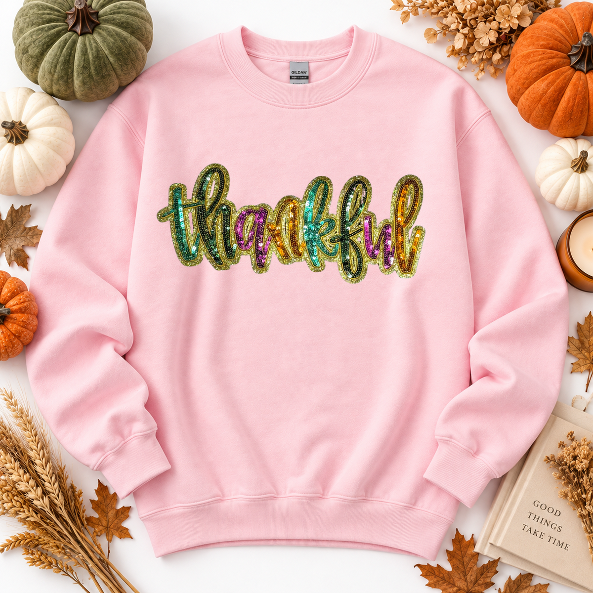 Colorful Thankful Thanksgiving Fall Sequin Patch Full Length Sweatshirt