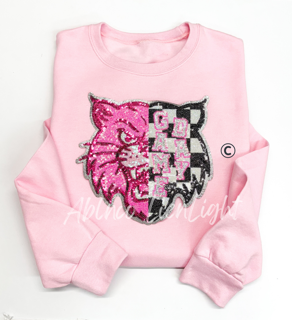 Wildcat Mascot Pink Checkered Sequin Patch - Large