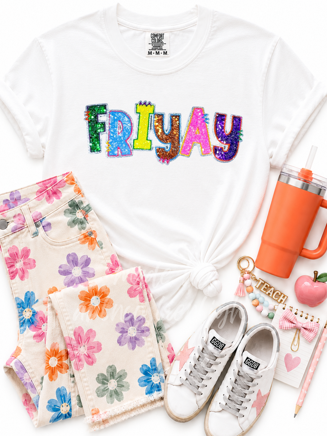 Colorful Friyay Teacher Sequin Patch Tshirt