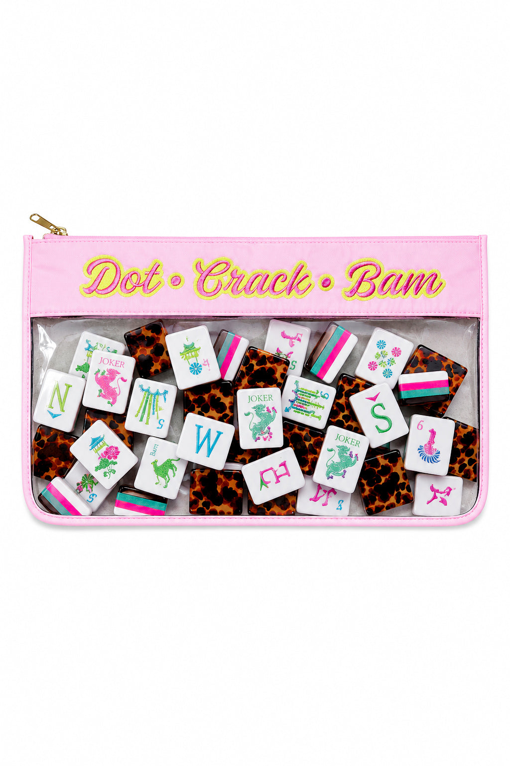 Pink Embroidered Dot Crack Bam Mahjong Tiles Clear Zipper Pouch Bag