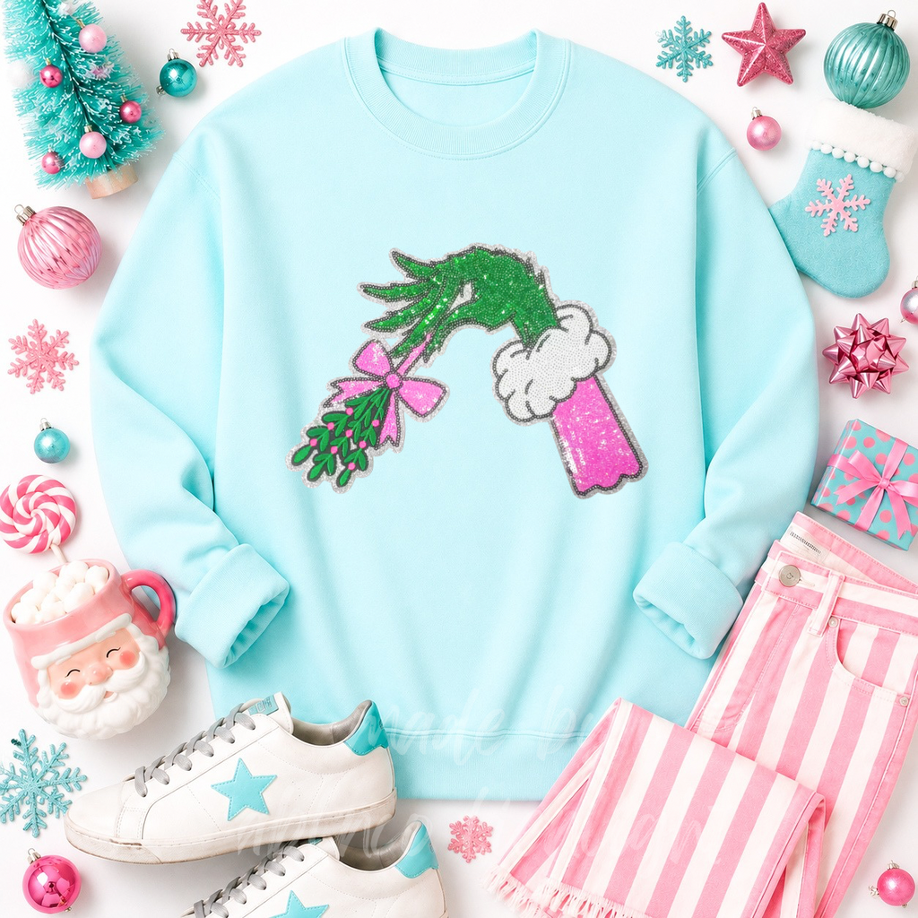 Grinch Hand Mistletoe Christmas Sequin Patch Sweatshirt