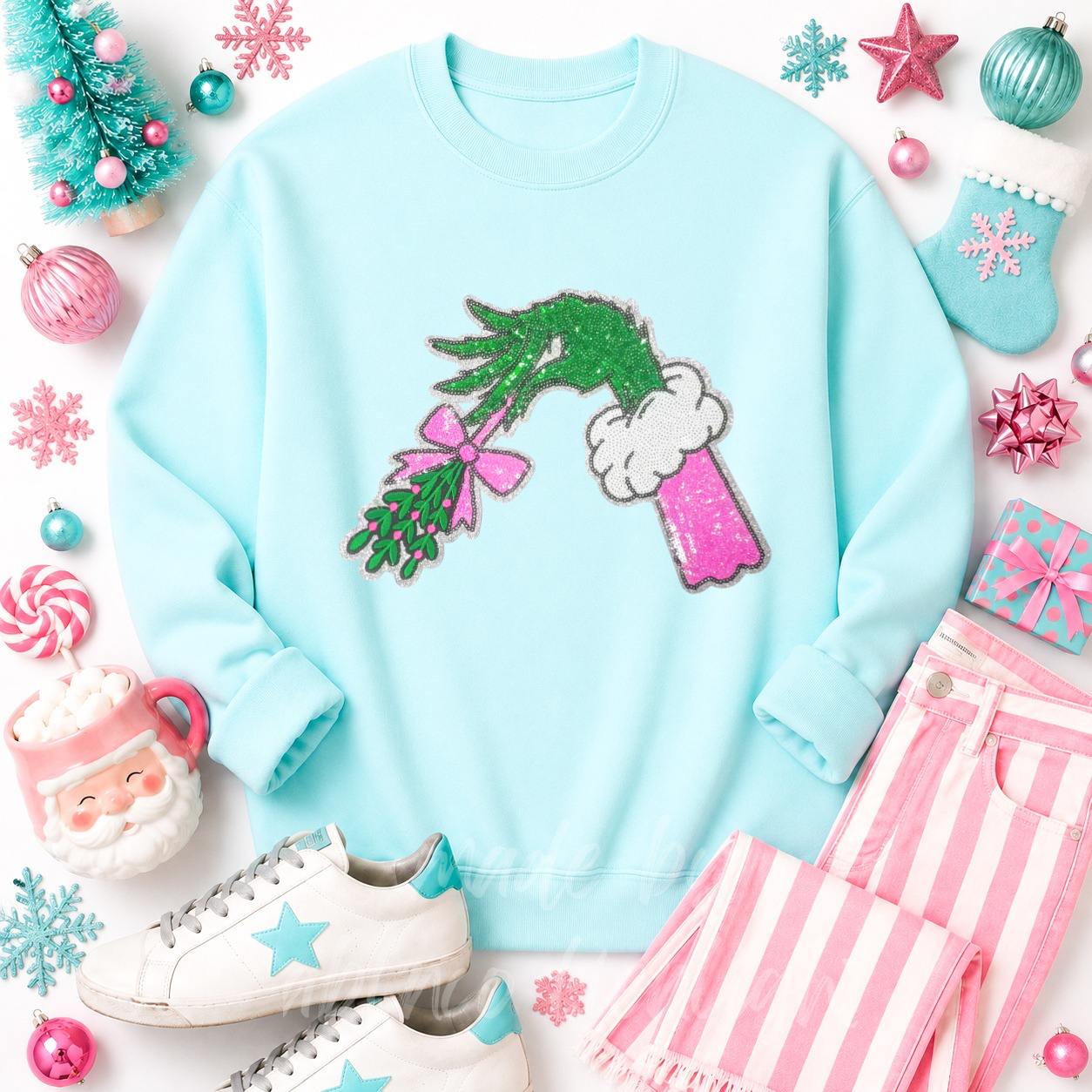 Grinch Hand Mistletoe Christmas Sequin Patch Sweatshirt