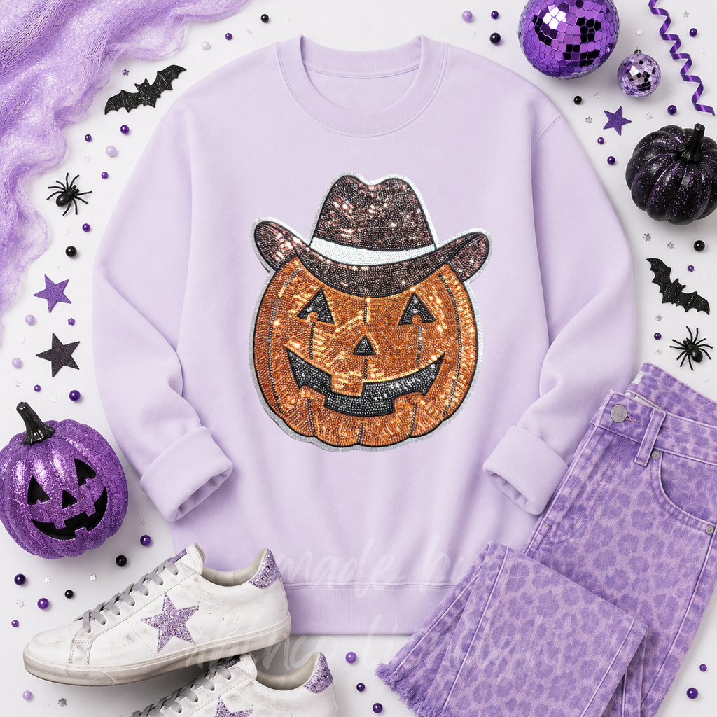Cowboy Pumpkin Halloween Sequin Patch Sweatshirt