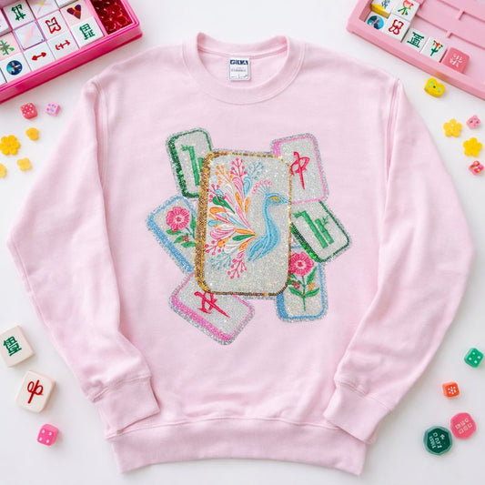 Mahjong Bird Game Tiles Sequin Patch Sweatshirt