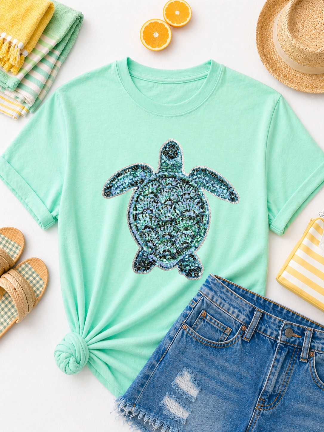 Teal Turtle Summer Sequin Patch Tshirt