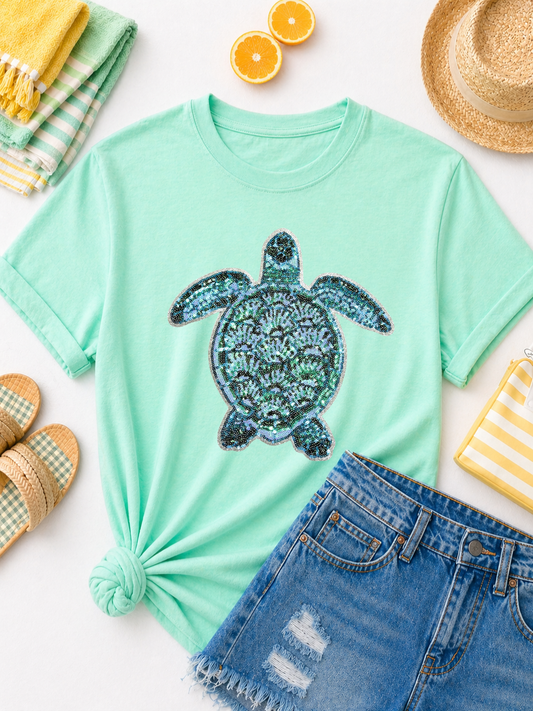 Teal Turtle Summer Sequin Patch Tshirt