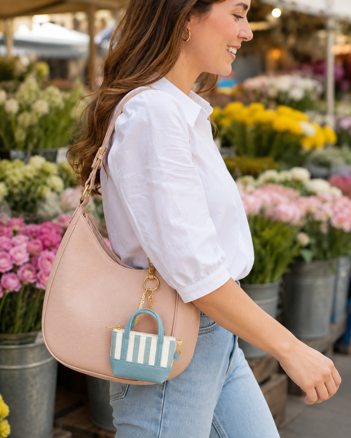 Blue Striped Mini Tote Bag Keychain | Zippered Purse Charm & Pouch
