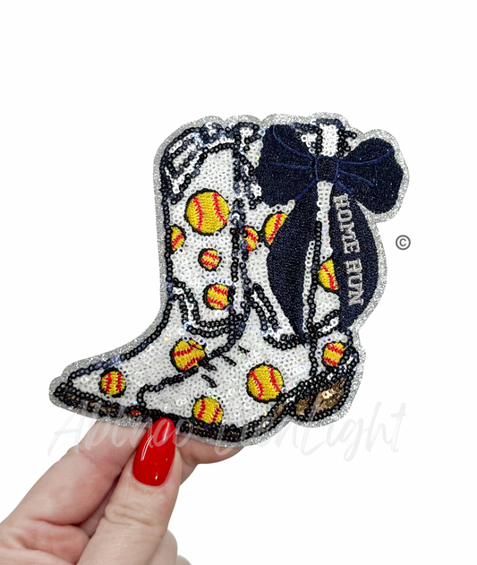 Softball Homerun Star Navy Bow Boots Sequin Patch - Small