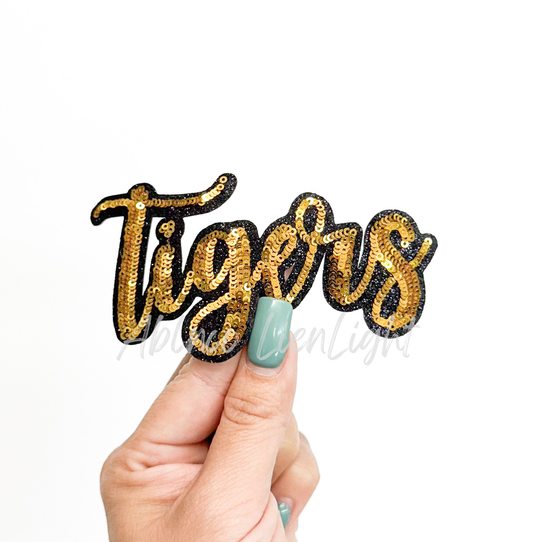 Gold Tigers Mascot Script Letter Sequin Patch - Small