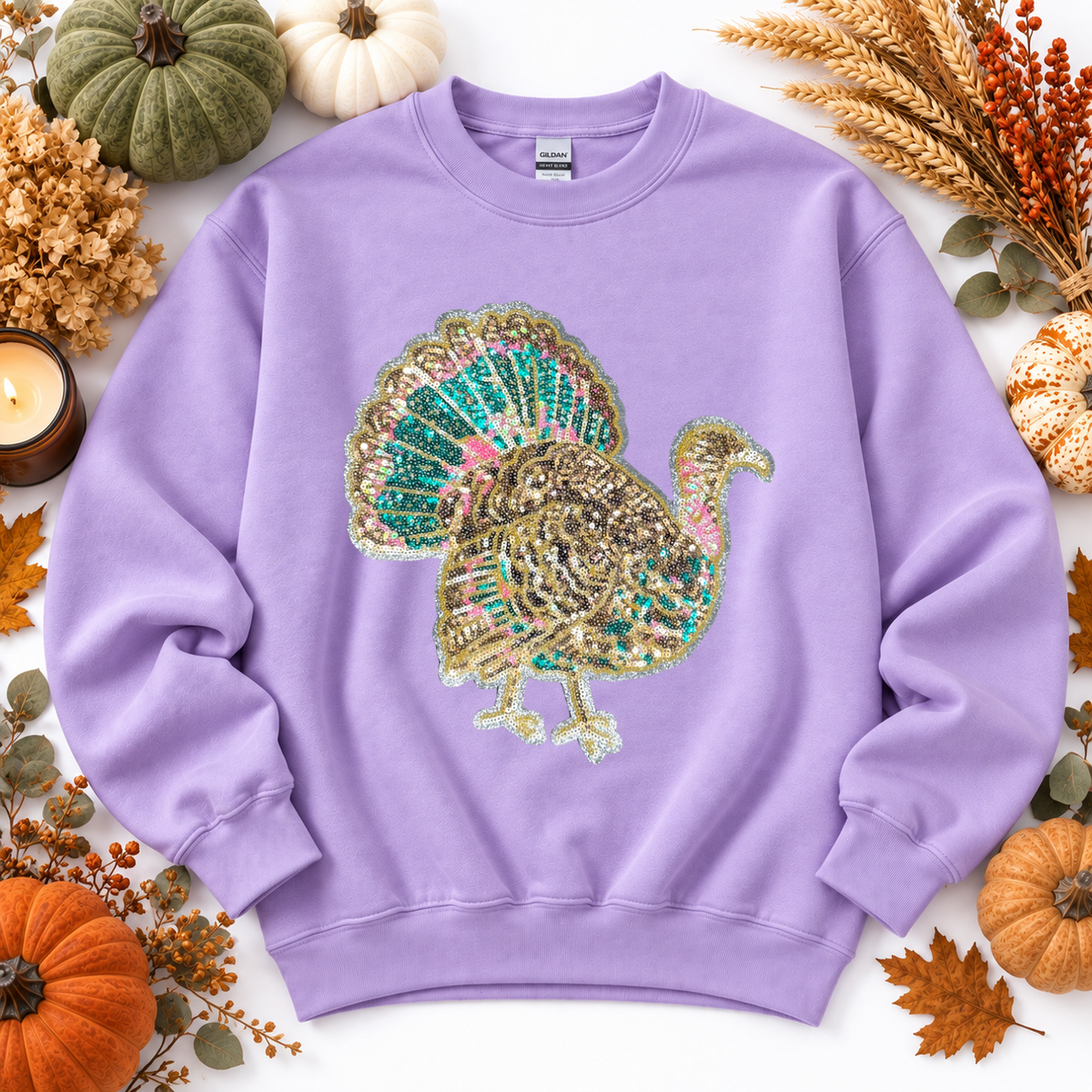 Colorful Turkey Thanksgiving Fall Sequin Patch Full Length Sweatshirt